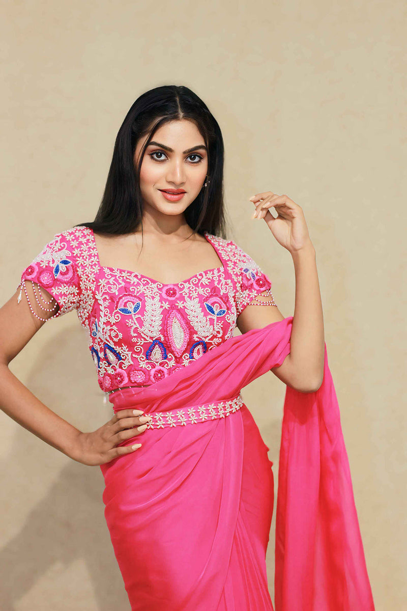 Rangoli pink drape saree