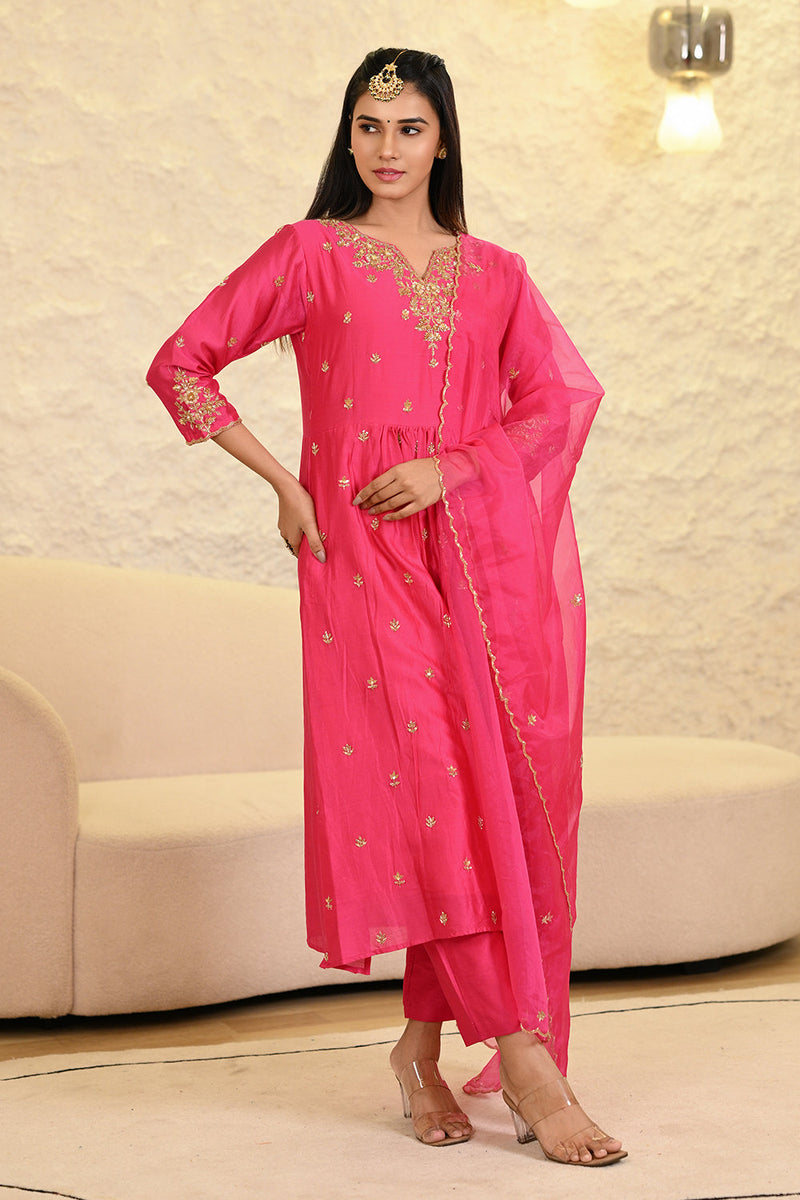 Hot Pink Kurta with Pant & Dupatta Set
