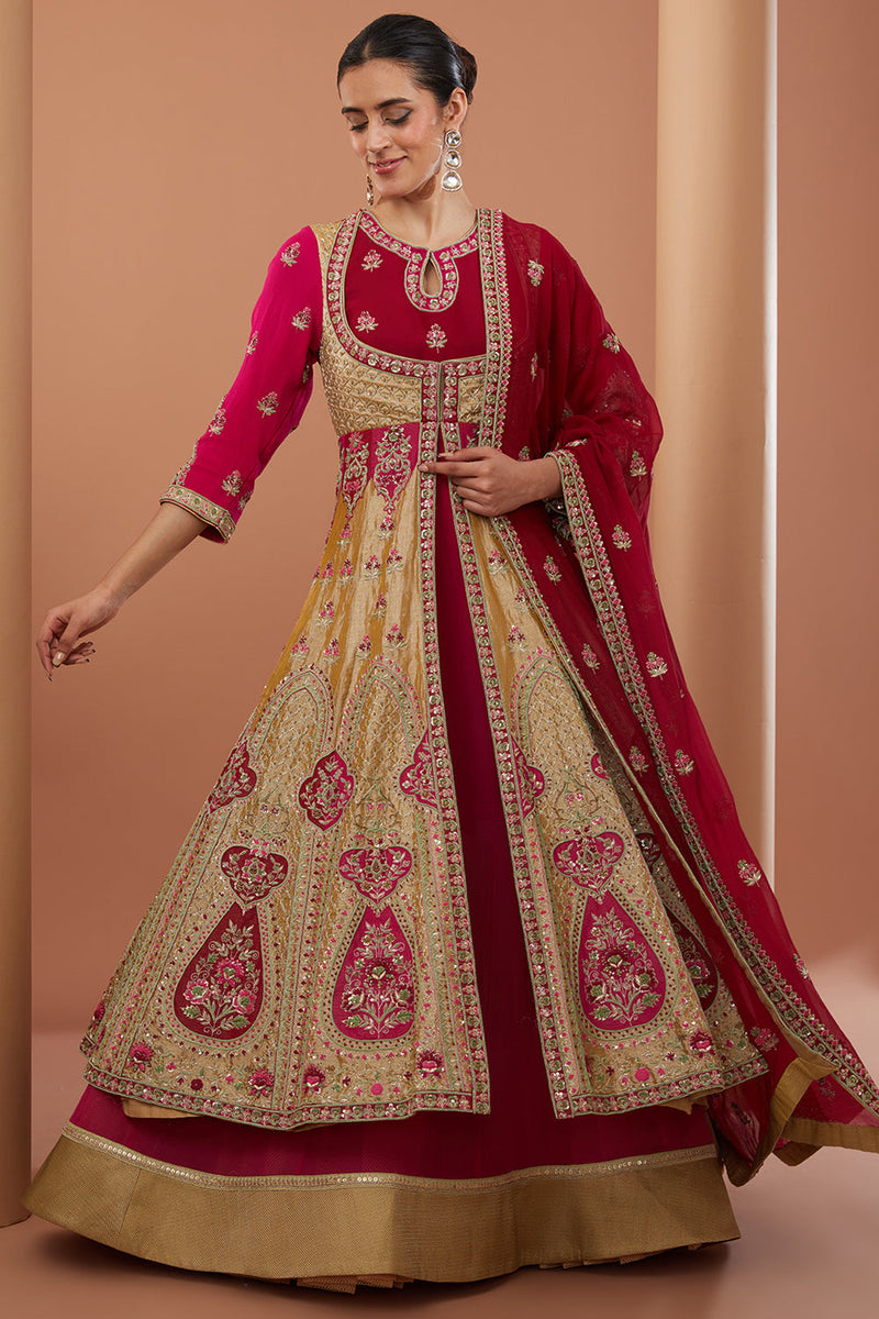 Red Georgette Hand Embroidered Anarkali And Dupatta Set