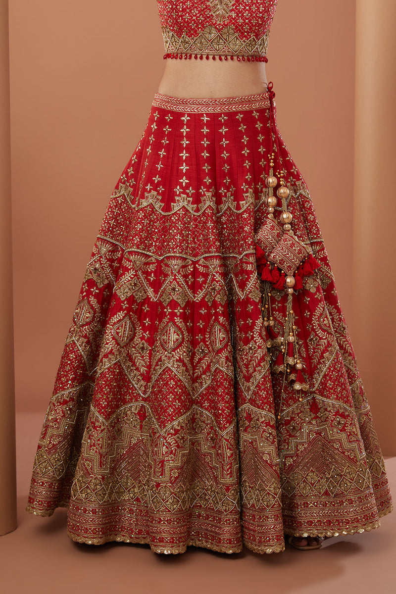 Red Raw Silk Hand Embroidered Lehanga Set