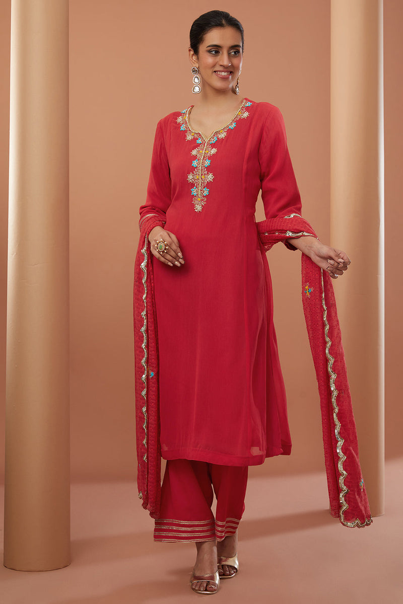 Red Georgette Hand Embroidered Kurta Suit Set