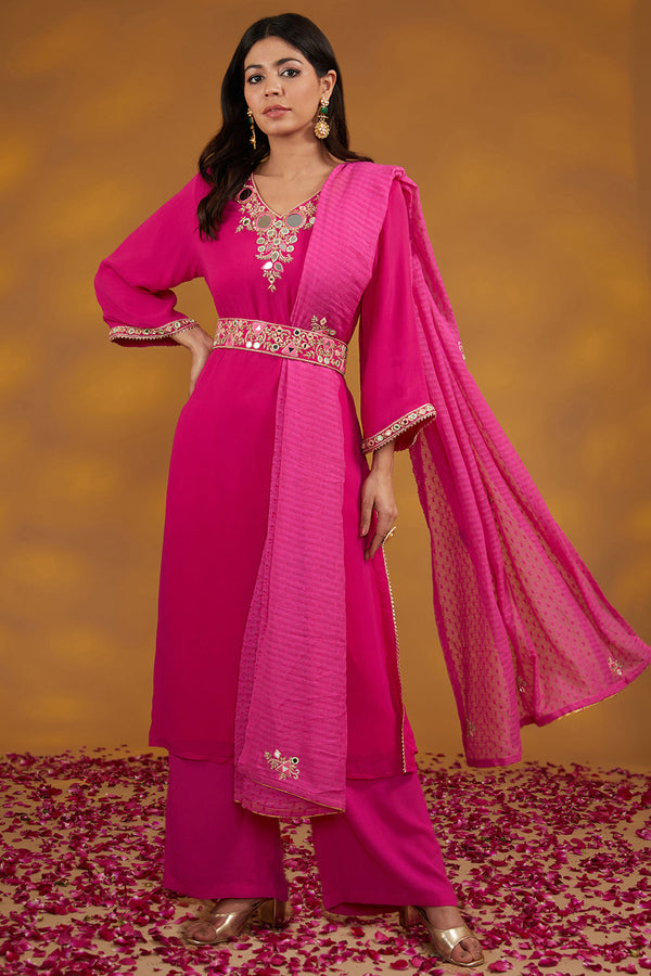 Pink Georgette Hand Embroidered Kurta Suit Set