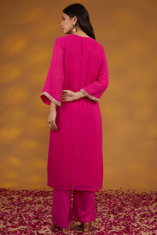 Pink Georgette Hand Embroidered Kurta Suit Set