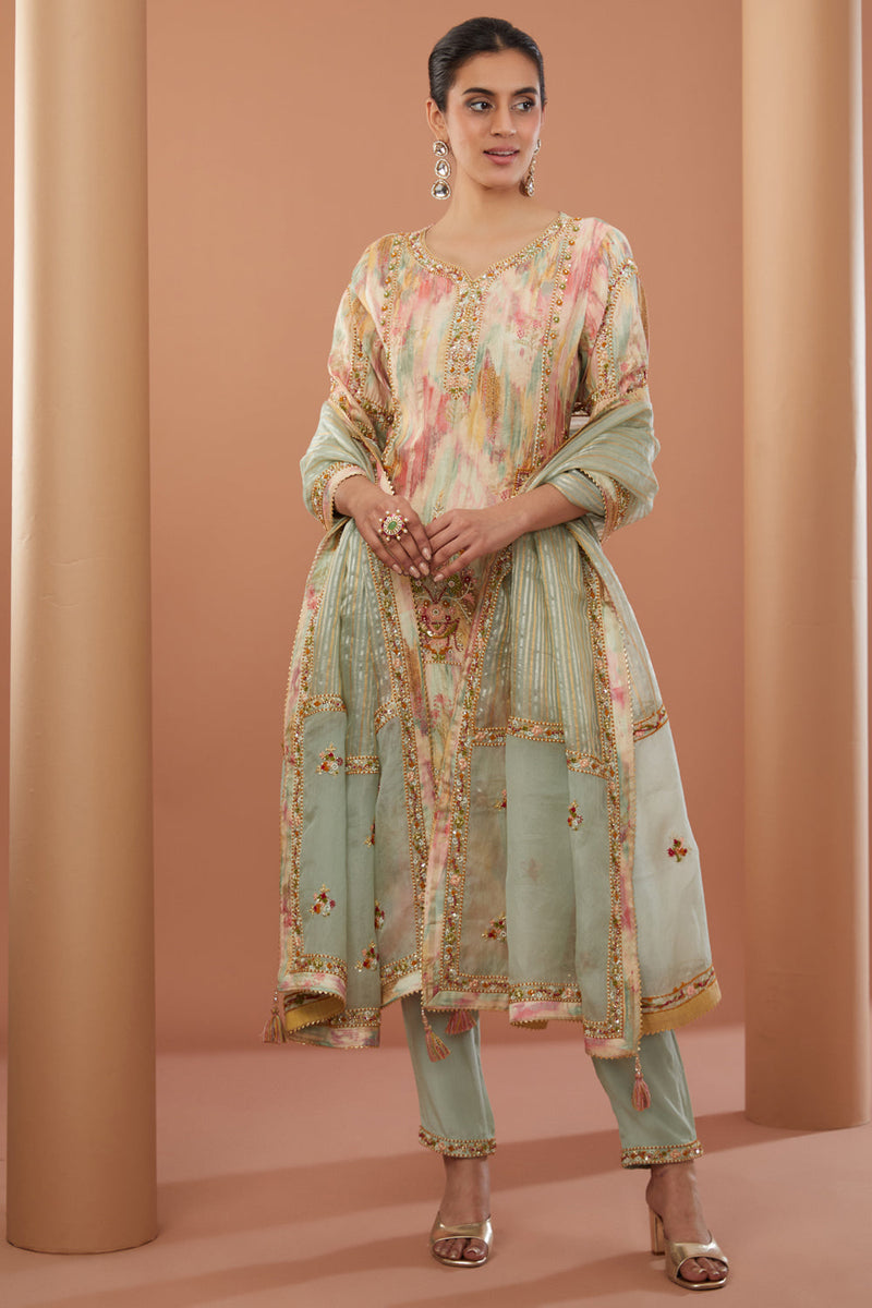 Beige Chanderi Silk Hand Embroidered Kurta Suit Set
