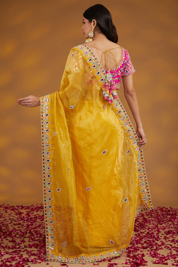 Yellow Organza Hand Embroidered Saree Set
