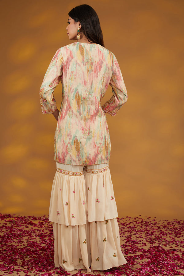 Beige Chanderi Silk Hand Embroidered Sharara Set