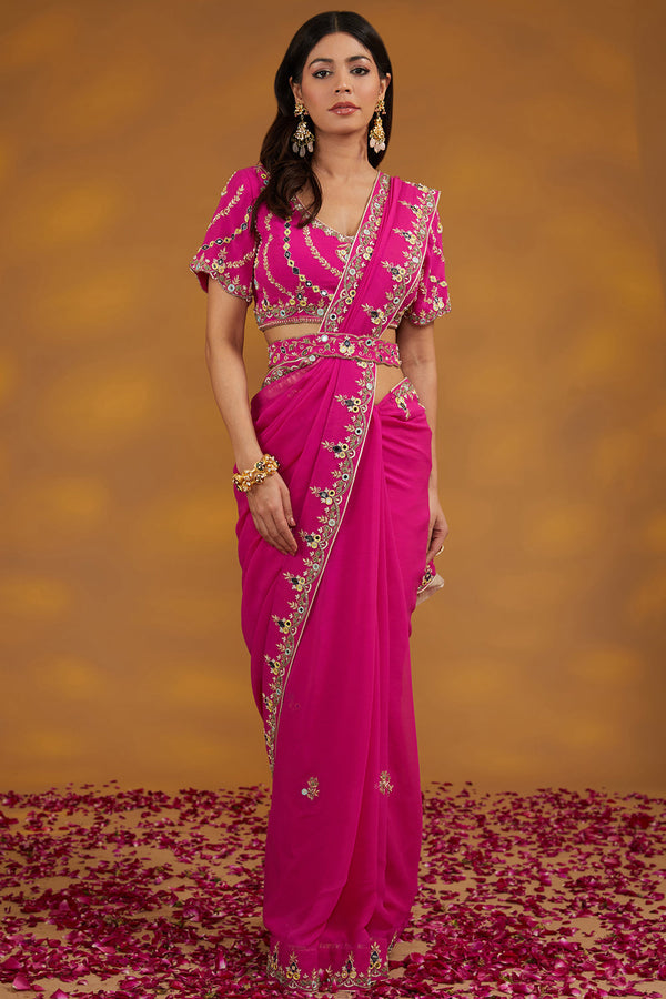 Pink Georgette Hand Embroidered Saree Set