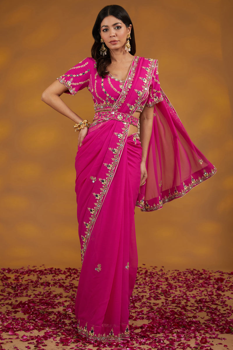 Pink Georgette Hand Embroidered Saree Set