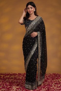 Black Georgette Hand Embroidered Saree Set