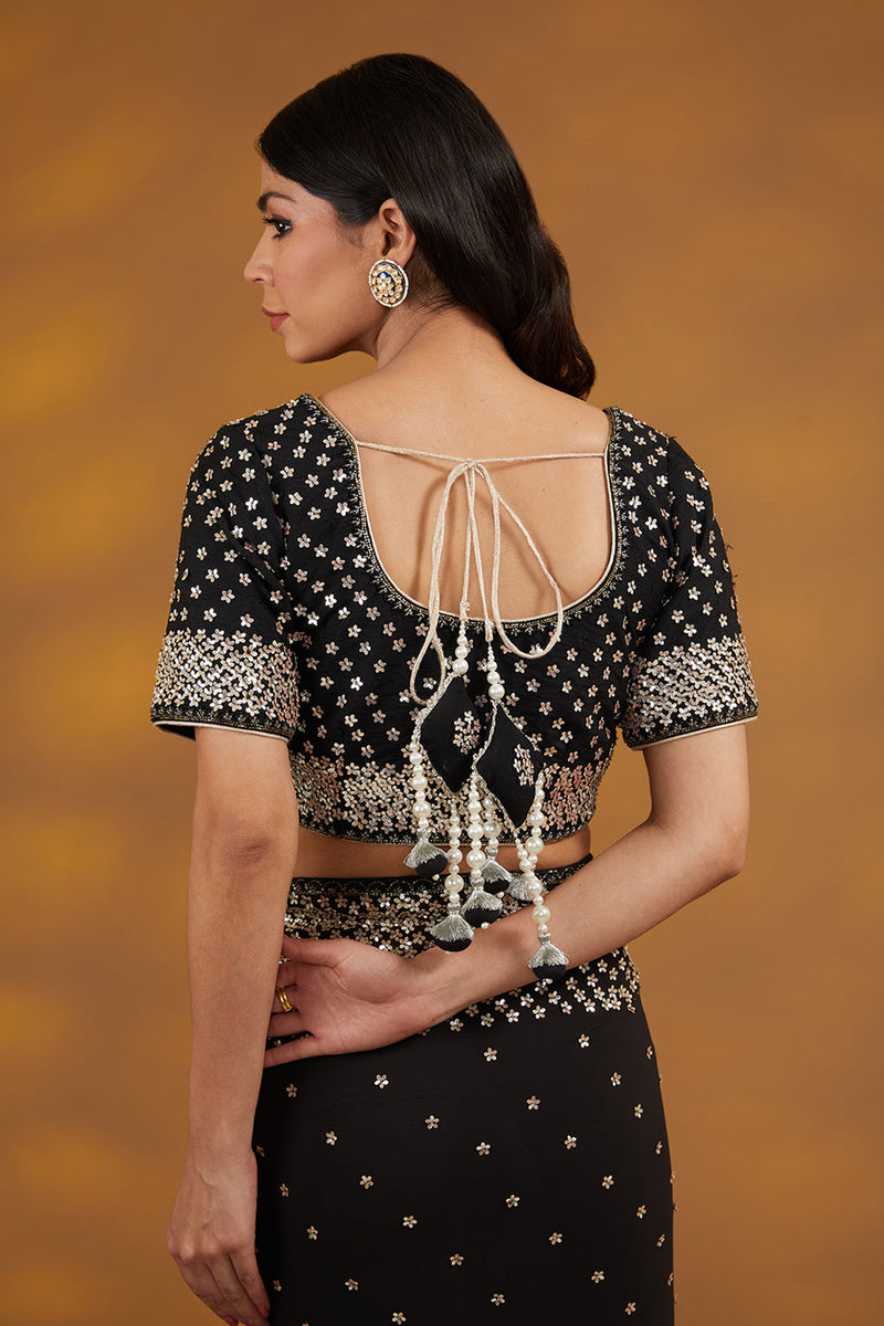 Black Georgette Hand Embroidered Saree Set