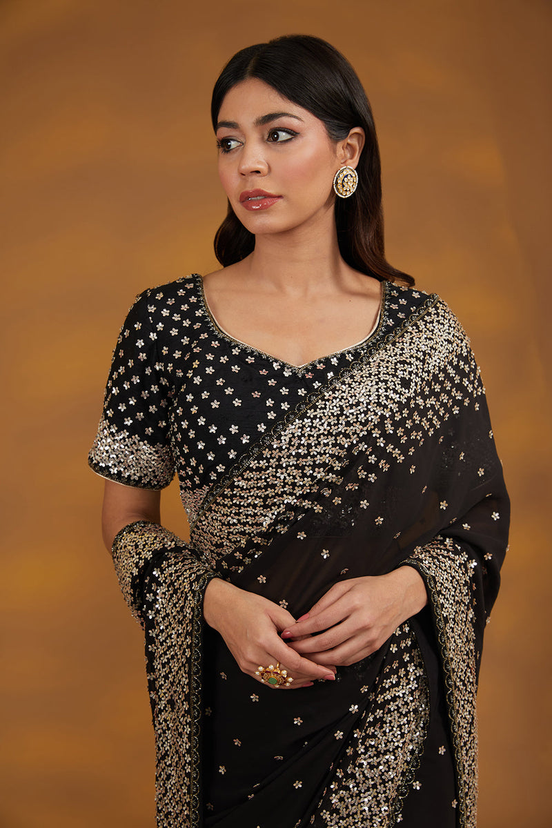 Black Georgette Hand Embroidered Saree Set