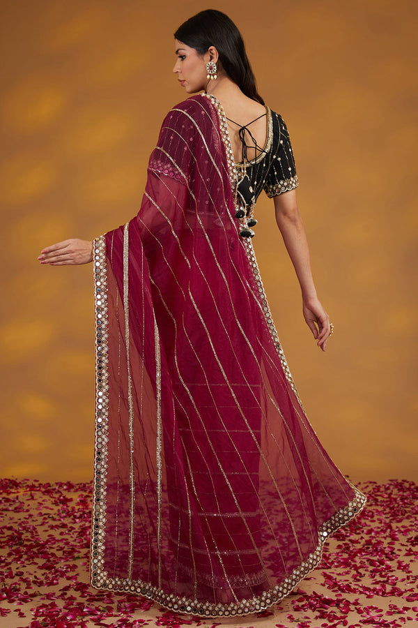 Maroon Organza Hand Embroidered Saree Set