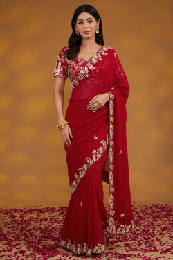 Red Georgette Hand Embroidered Saree Set