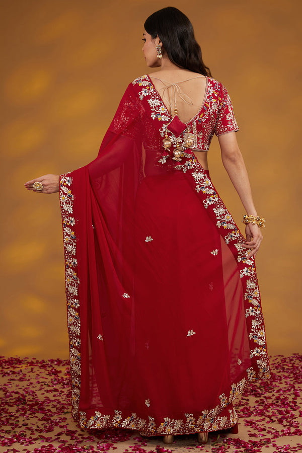 Red Georgette Hand Embroidered Saree Set