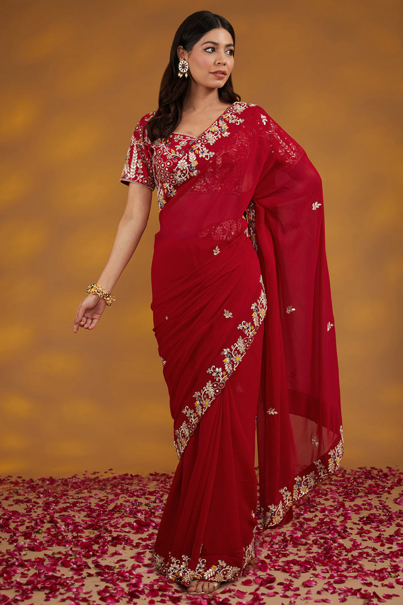 Red Georgette Hand Embroidered Saree Set