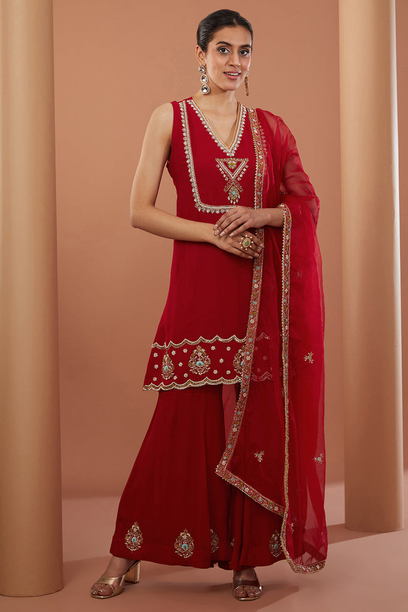 Red Georgette Hand Embroidered Kurta Suit Set