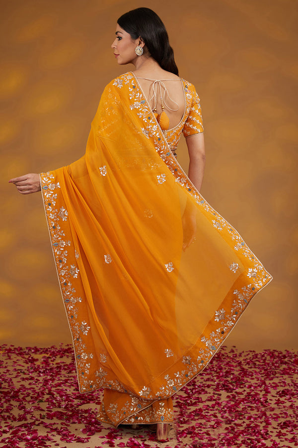 Yellow Georgette Hand Embroidered Saree Set