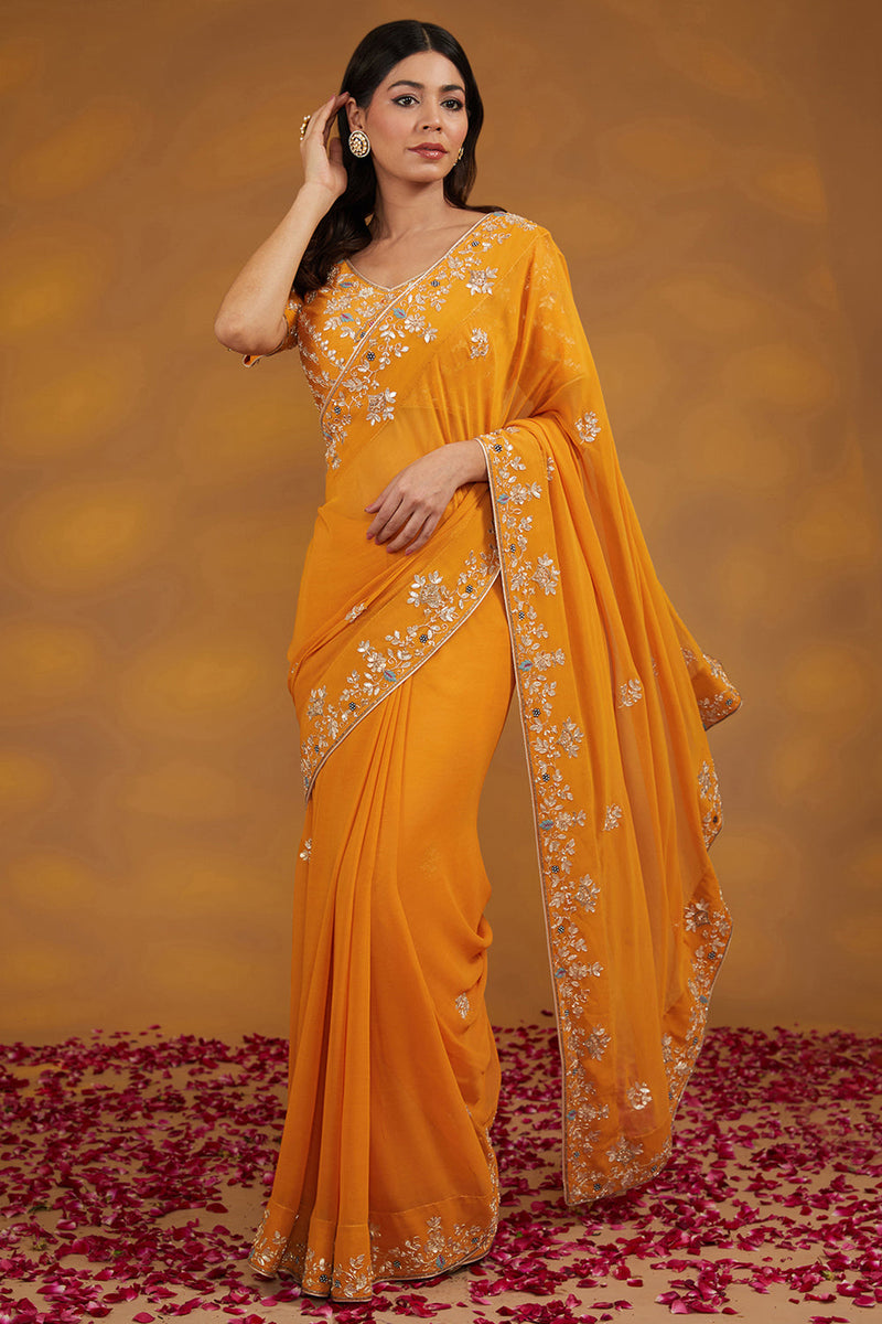 Yellow Georgette Hand Embroidered Saree Set