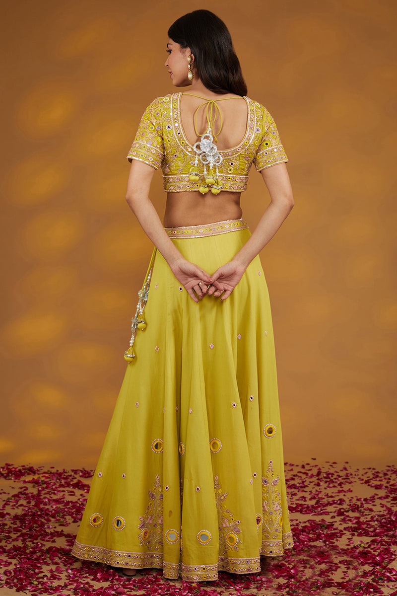 Yellow Georgette Hand Embroidered Lehanga Set