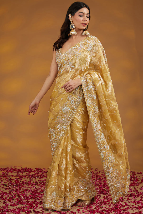 Gold Organza Tissue Hand Embroidered Saree Set
