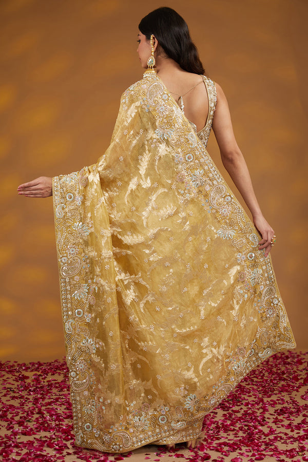 Gold Organza Tissue Hand Embroidered Saree Set