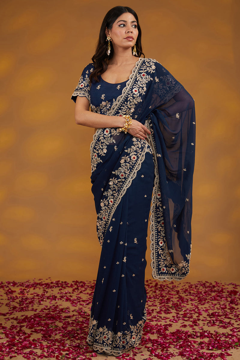 Blue Georgette Hand Embroidered Saree Set