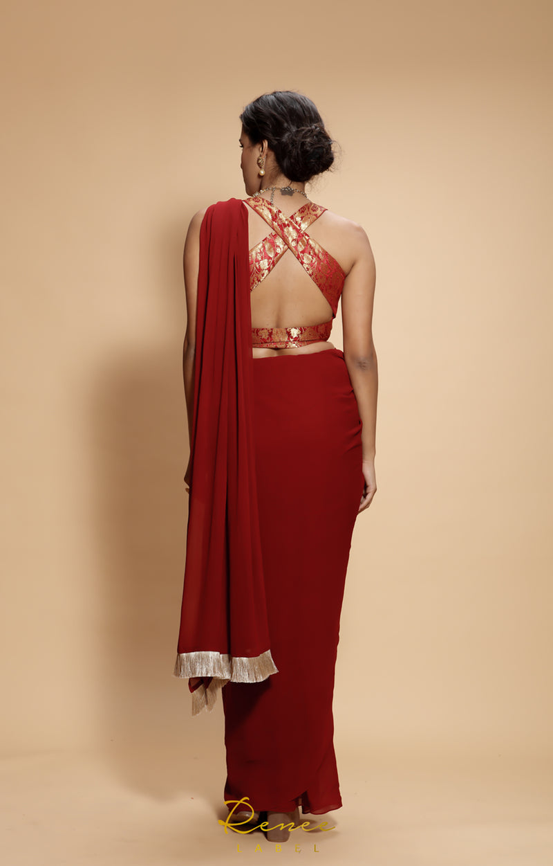 Maroon And Gold Saree Set