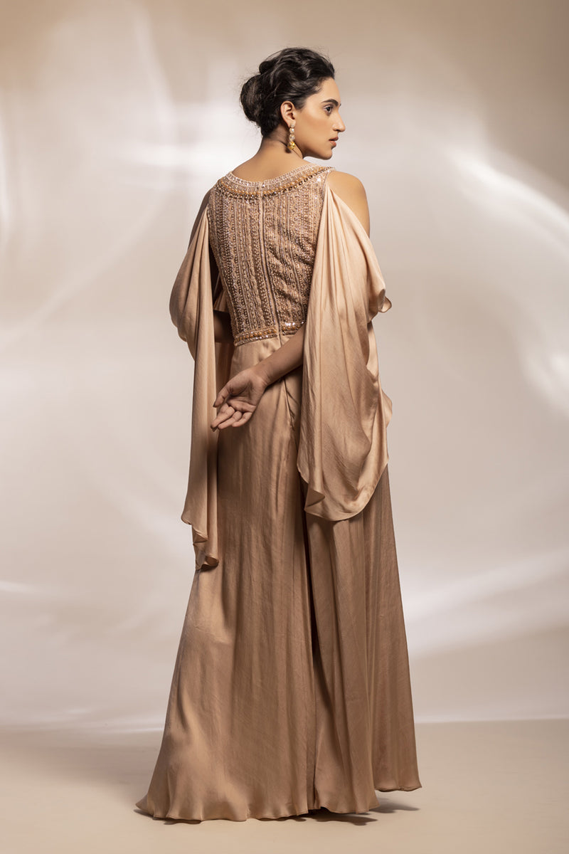 Champaign Gold Jumpsuit With Embroidered Bodice And Draped Sleeves.