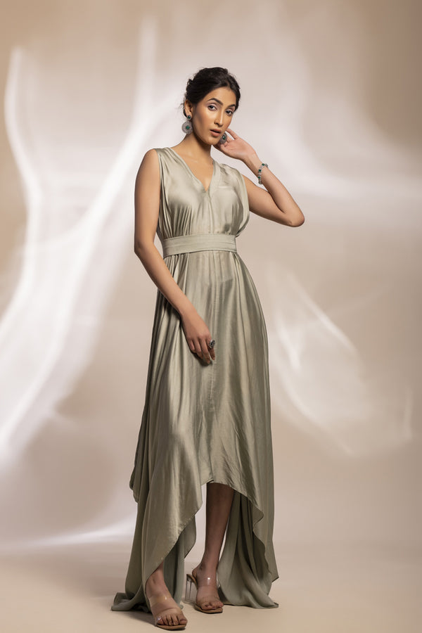 Sage Green Modal Satin Drape With Embroidered Tulle Cape.