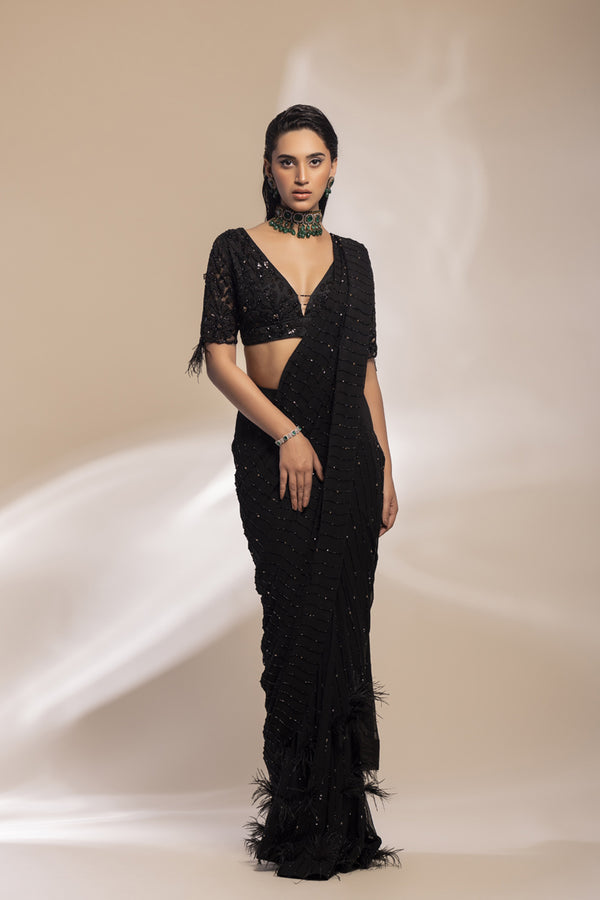 Black Saree With Feather Motifs + Embellished Blouse With An Additinal Waiscoat To Accessorize