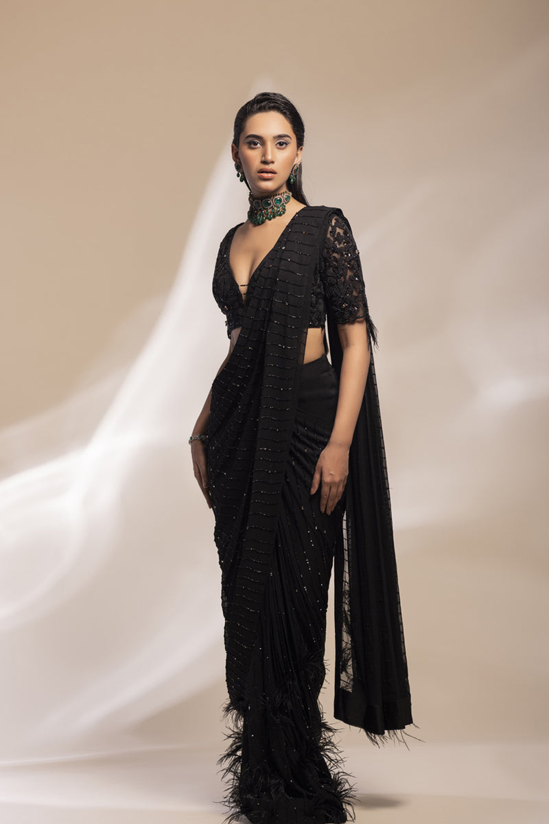 Black Saree With Feather Motifs + Embellished Blouse With An Additinal Waiscoat To Accessorize