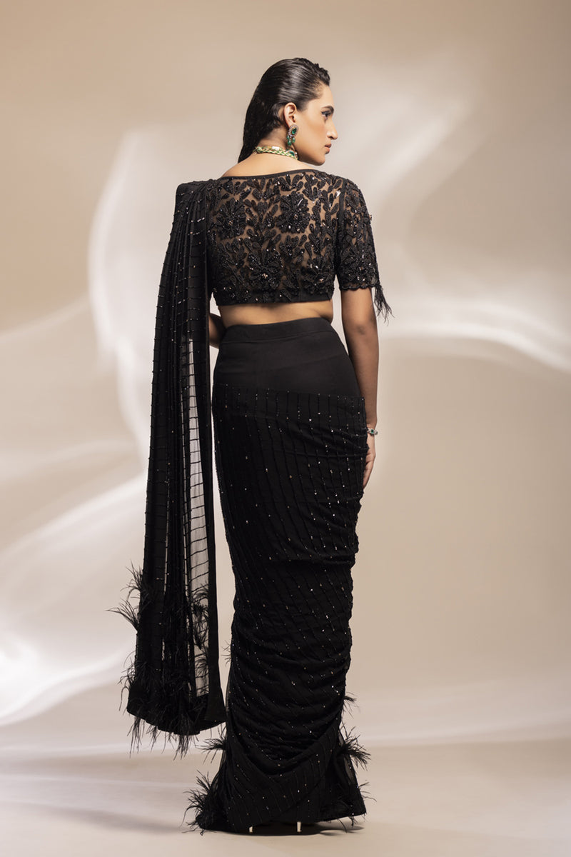 Black Saree With Feather Motifs + Embellished Blouse With An Additinal Waiscoat To Accessorize