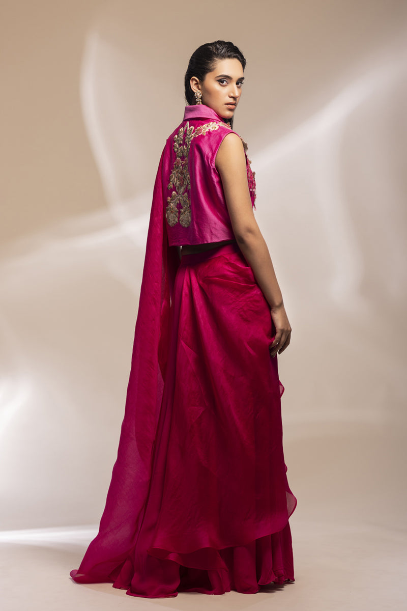 Fuscia Cropped Jacket With Gold Embellishments + Pleated Organza Sharara