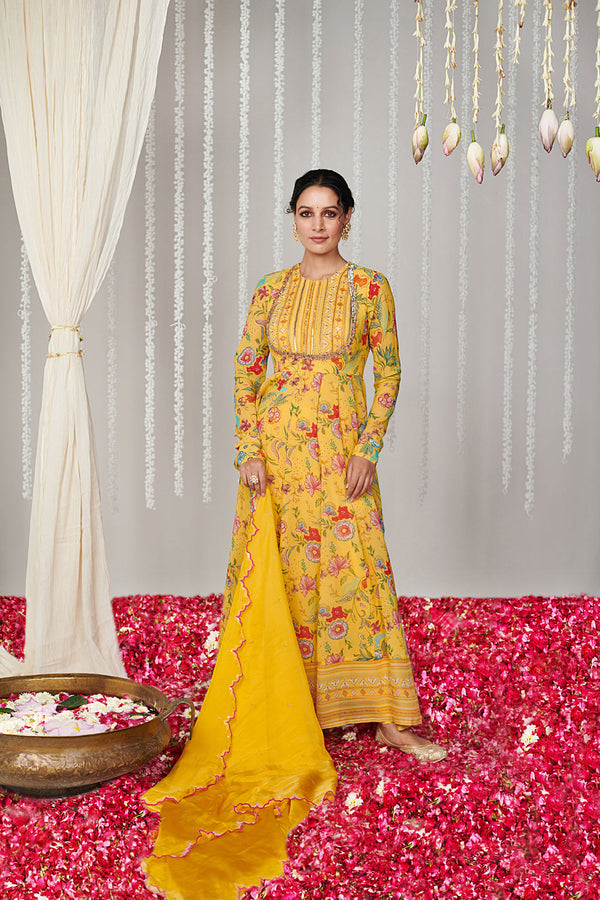 Bagicha Yellow Anarkali Set Of 3