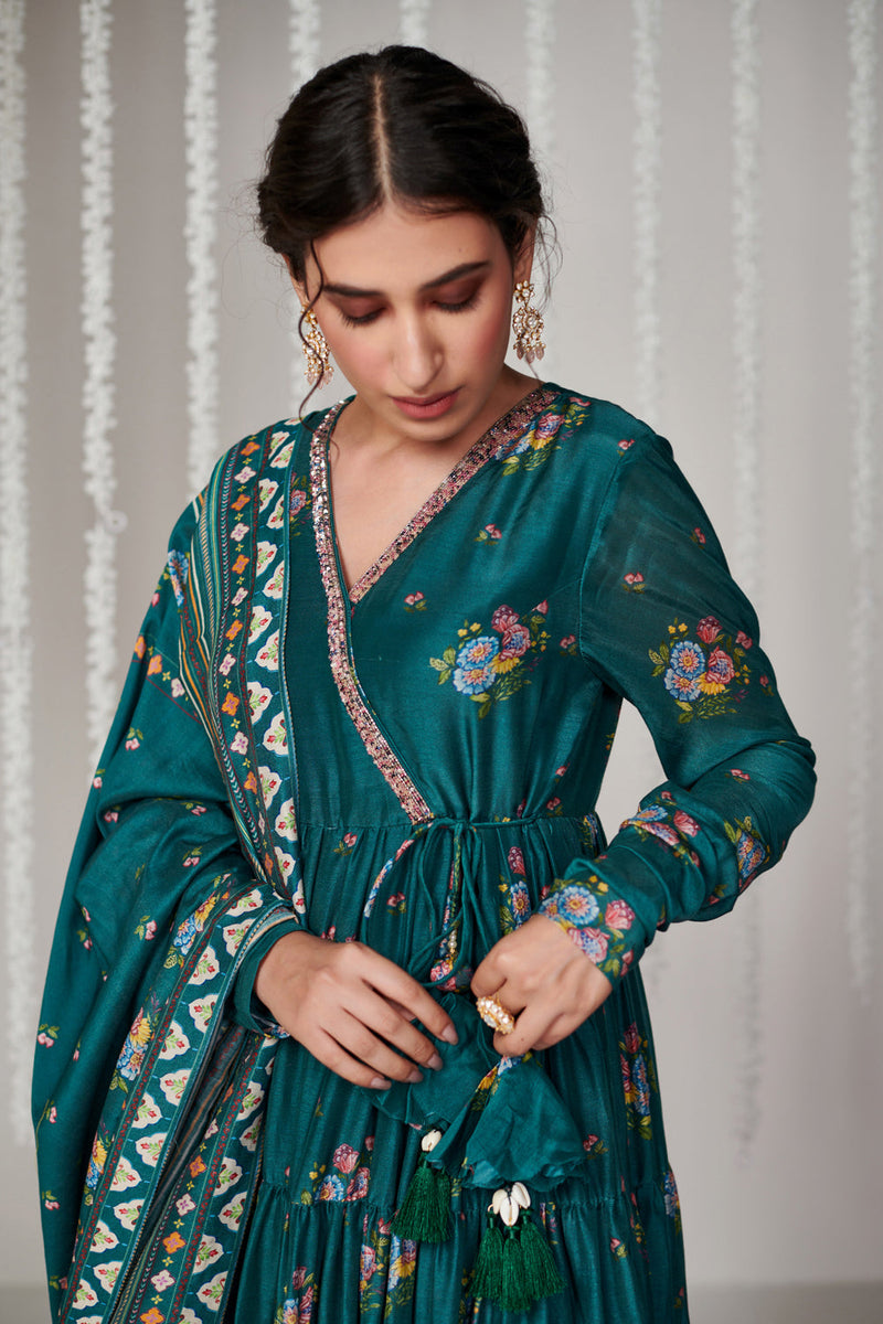 Bagicha Botanical Green Angrakha Anarkali Set Of 3