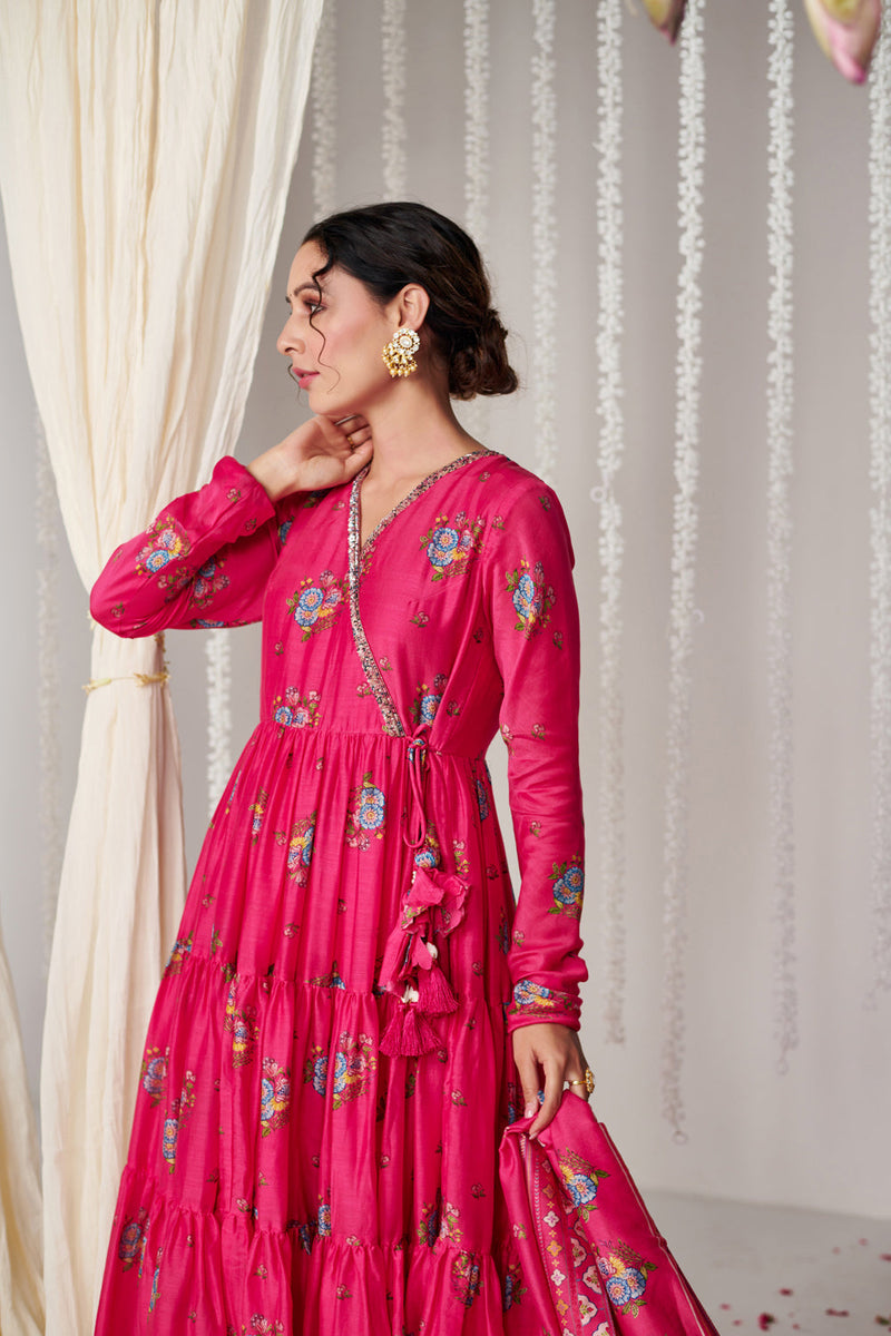 Bagicha Hot Pink Angrakha Anarkali Set Of 3