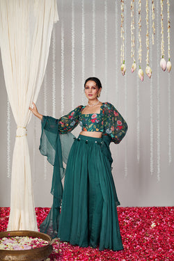 Bagicha Botanical Green Solid Lehenga Set Of 3