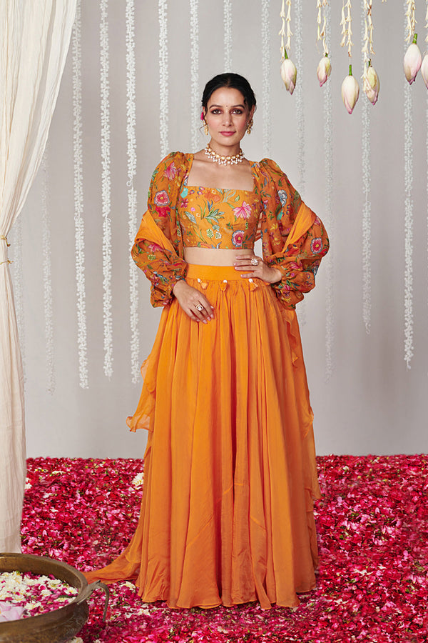 Bagicha Orange Solid Lehenga Set Of 3