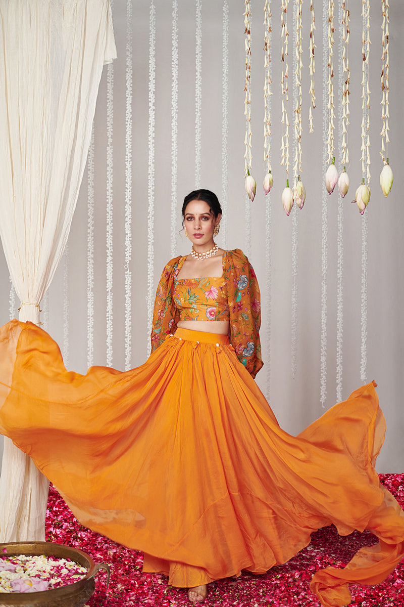 Bagicha Orange Solid Lehenga Set Of 3