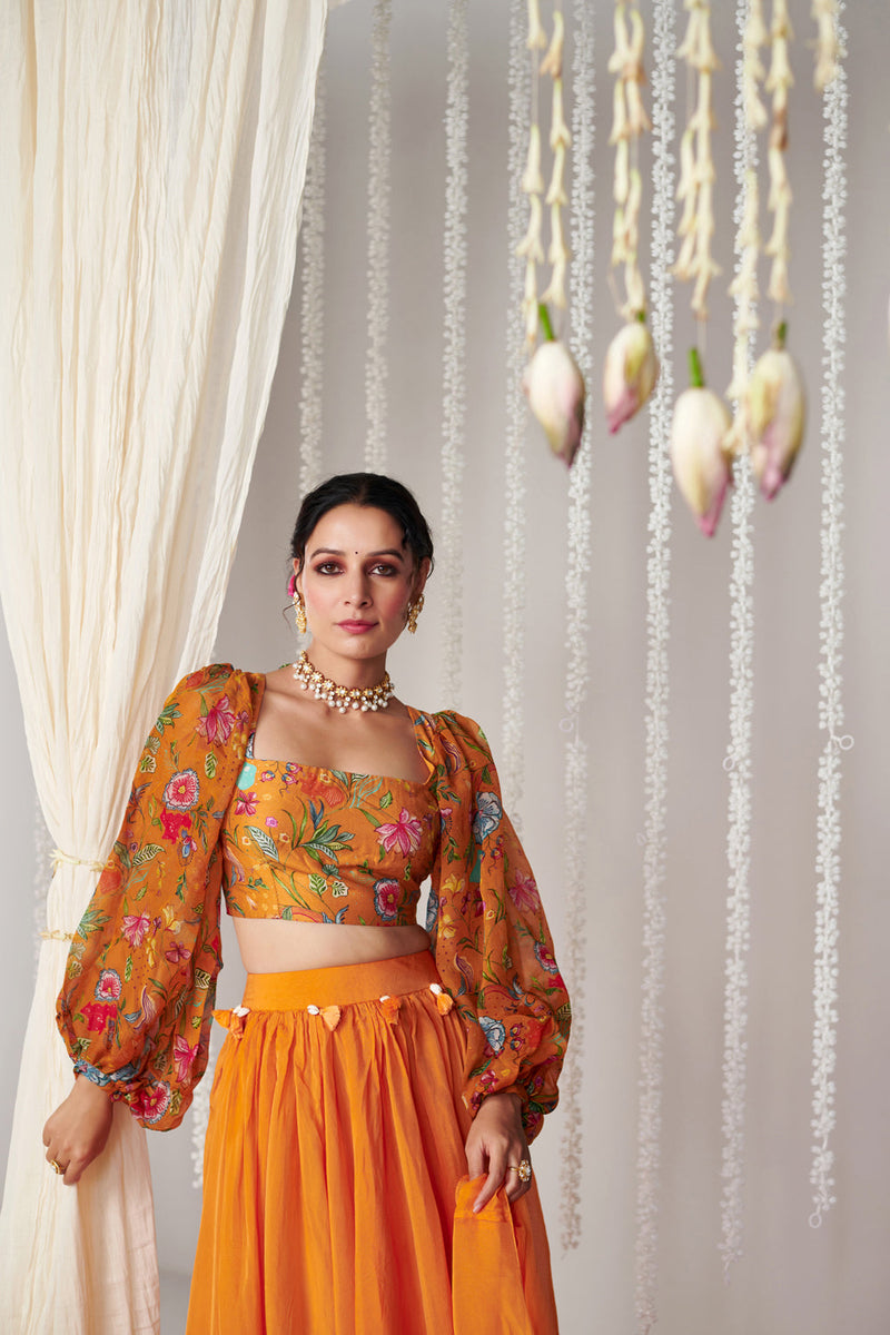 Bagicha Orange Solid Lehenga Set Of 3