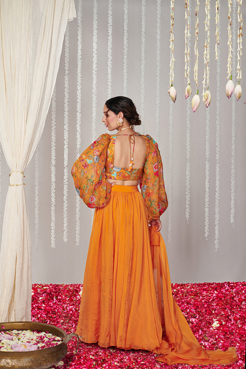 Bagicha Orange Solid Lehenga Set Of 3