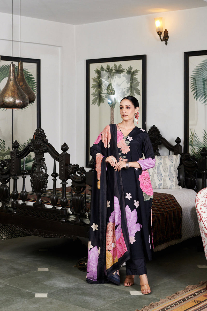 Nargis Black Big Flower Kurta Set Of 3