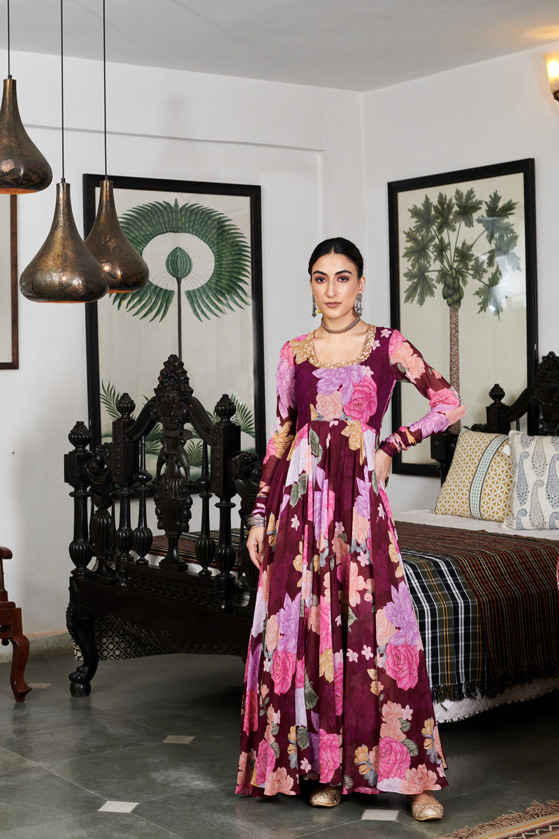 Nargis Wine Floral Digital Printed Anarkali Set Of 3