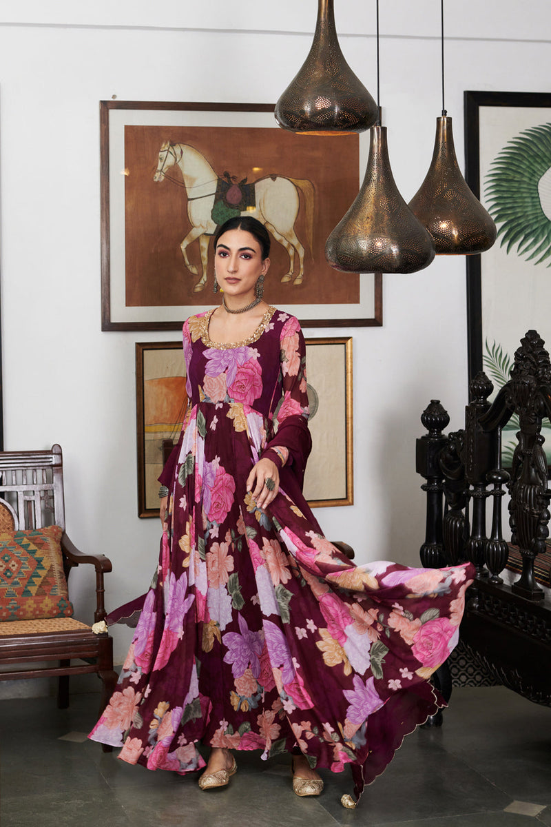 Nargis Wine Floral Digital Printed Anarkali Set Of 3