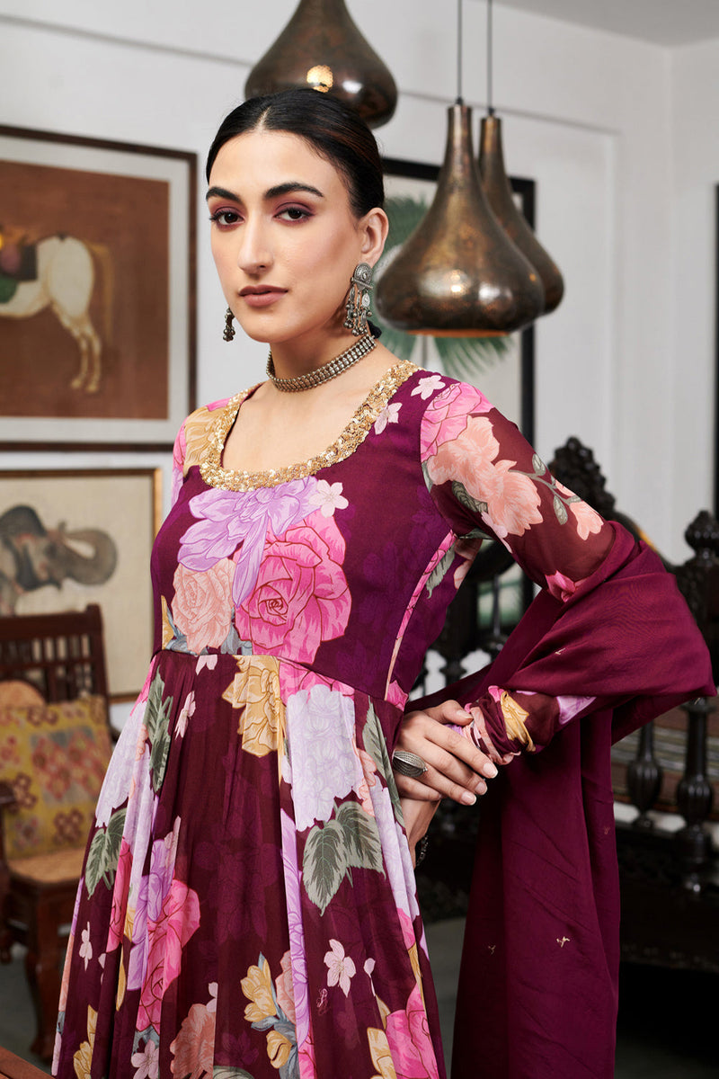 Nargis Wine Floral Digital Printed Anarkali Set Of 3