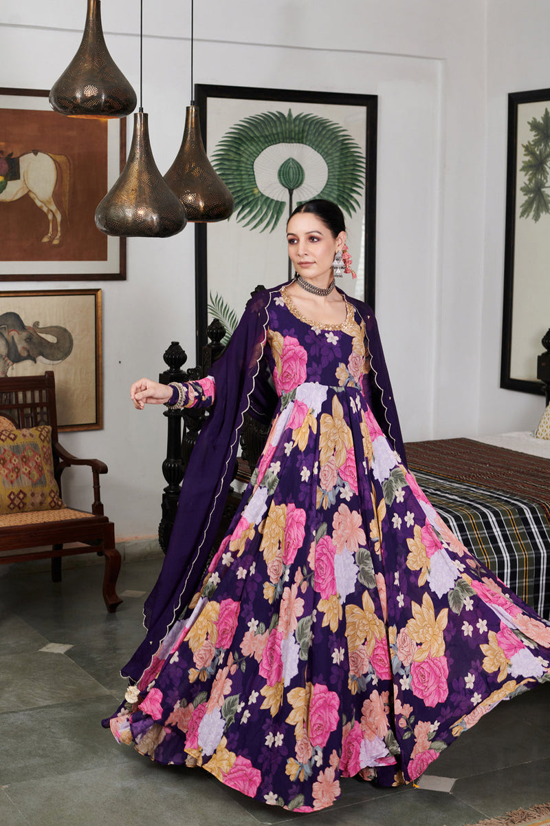 Nargis Purple Floral Digital Printed Anarkali Set Of 3