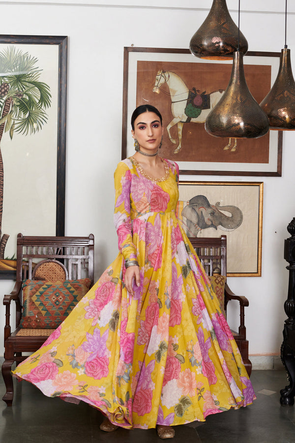 Nargis Mustard Floral Digital Printed Anarkali Set Of 3