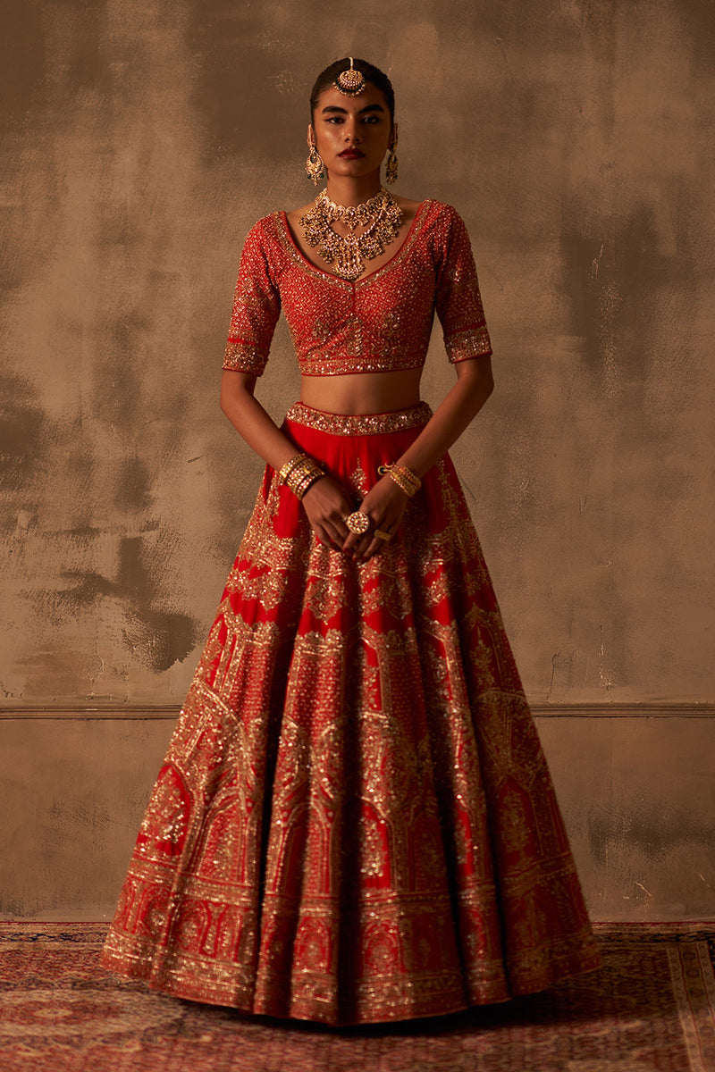 Red Raw Silk Double Dupatta Lehenga Set