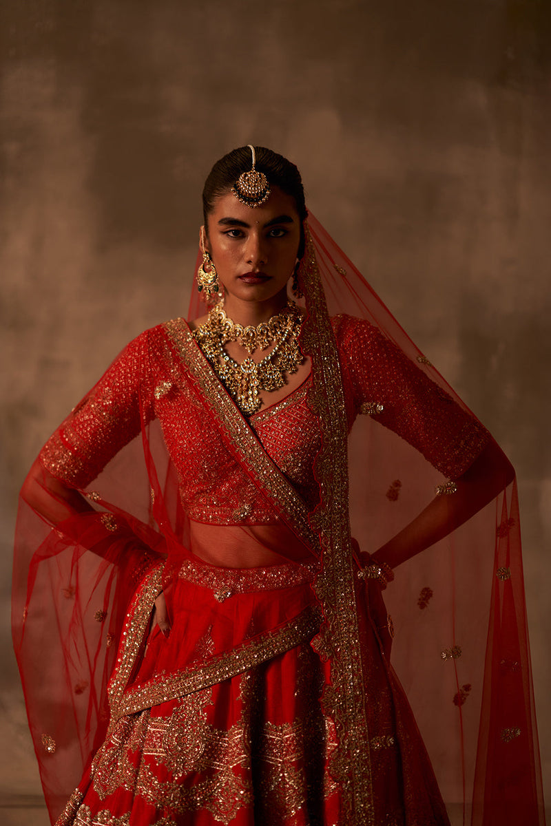 Red Raw Silk Double Dupatta Lehenga Set