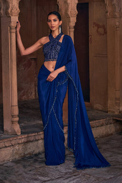 Dark Blue Embroidered Saree Set